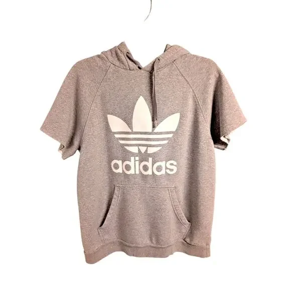 Adidas Hoodie Unisex Light Gray Sweatshirt Short Sleeve Pullover Logo Fleece - Picture 1 of 3